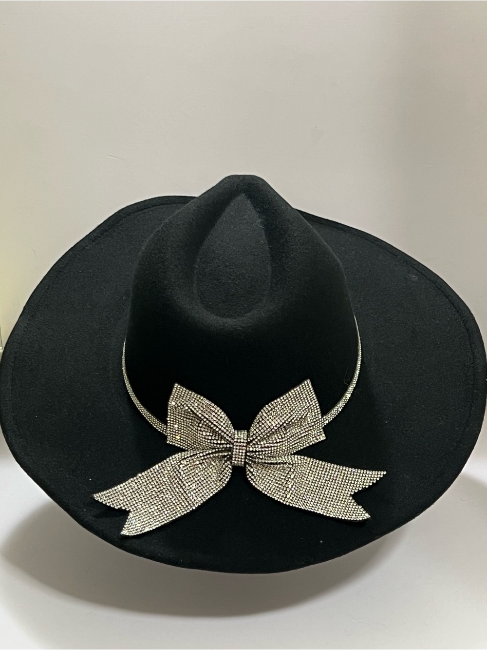 Black Wide Brim Fedora Hat Rhinestone Bow Statement Western Glam